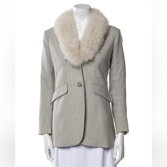 Theory Gray Wool Blazer Faux Fur Shawl Collar Winter Coat Elegant Small - Picture 2 of 5